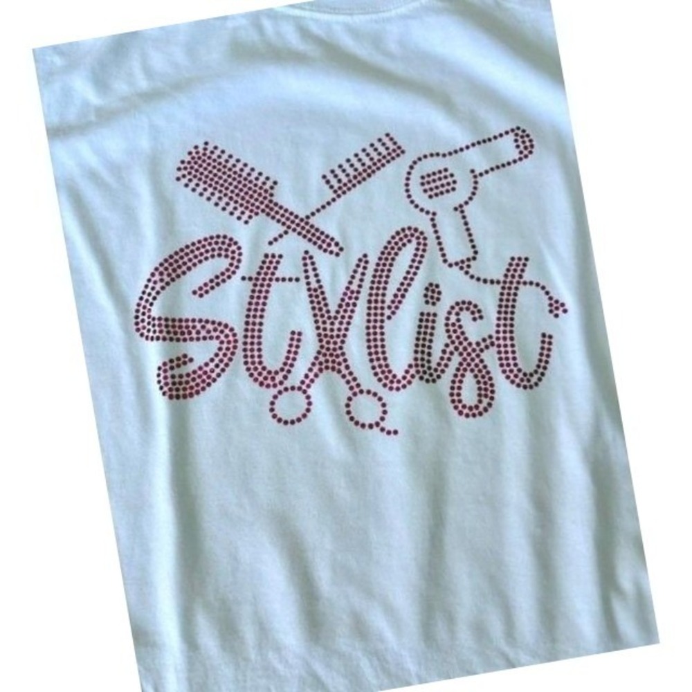 Stylist White Graphic Tee Pink Sparkle Bling Hair Tools‎ Medium